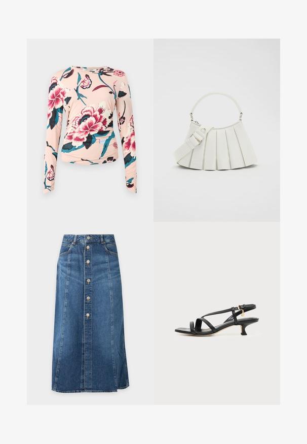 Diane von Furstenberg LONG SLEEVE SHIRT - Longsleeve - light pink; Blauwe denim midi-rok met knoopsluiting aan de voorkant, zijzakken en zichtbare stiksel details tegen een effen achtergrond.; Zwarte leren sandaal met smalle bandjes, lage kittenhak, enkelriempje en een klein gouden hangertje tegen een effen lichte achtergrond.; Lacoste LENGLEN BAG - Handtas - cristalline