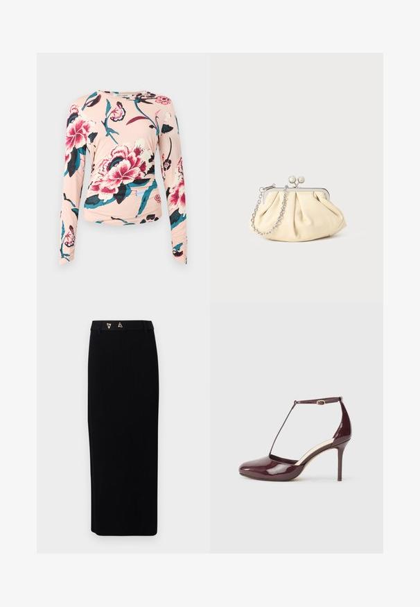 Diane von Furstenberg LONG SLEEVE SHIRT - Langærmet T-shirt - light pink; AERON FORUM - Pencil skirt - black; Bordørødt laklæder høje hæle sko med spids tå, ankelrem spænde og T-rem detalje på en neutral baggrund.; Plisseret beige læderclutch med en sølvmetalramme, der har to runde dekorative låse og en sølvkædetrasporte.
