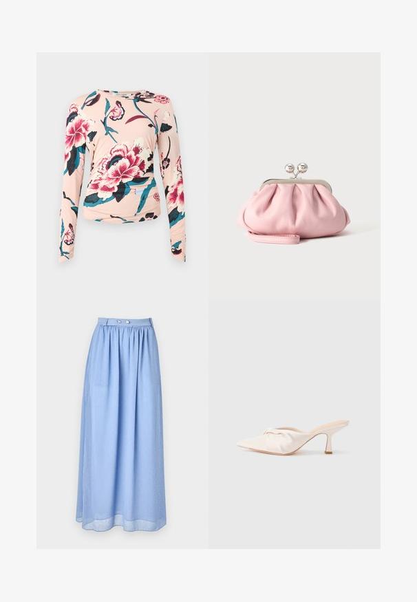 Diane von Furstenberg LONG SLEEVE SHIRT - Top s dlhým rukávom - light pink; Svetlomodrá maxi sukňa vyrobená z priesvitnej tkaniny s nariadeným pásom, zdobená striebornými gombíkmi a jemným vzorom malých bielych bodiek.; Dámska otvorená topánka z ľahkej béžovej tkaniny s uzlovým dizajnom vpredu, špicatou špičkou a úzkym, zúženým podpätkom. Celková hladká textura.; Malá mäkká ružová listová kabelka so strieborným kovovým rámom a okrúhlym zapínaním, ležiaca na plochej svetlej ploche so zloženým remienkom na zápästie vpredu.