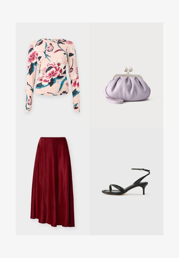 Diane von Furstenberg LONG SLEEVE SHIRT - Langærmet T-shirt - light pink; Lang, flydende, mørkerød satin nederdel med asymmetrisk kant og glat tekstur, vist mod en ensartet lys baggrund.; Sort damesandal i læder med tynde remme, en tå-loop, ankelspænde og en mellemhøj stiletthæl på en neutral baggrund.; Blød lavendel clutch med opsamlet stof, sølv kiss-lock lås og matchende håndledsrem på en ensfarvet lys baggrund.