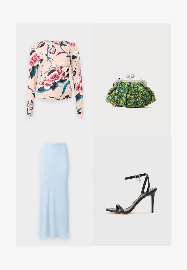 Diane von Furstenberg LONG SLEEVE SHIRT - Langærmet T-shirt - light pink; Lyseblå, gulvlængde satin nederdel med en tætsiddende talje og en let flair i bunden på en hvid baggrund.; Sort hæl-sandal med smal ankrem, firkantet tå-boks, glat lædermateriale og metalspænde som pynt.; Clutchtaske i grønt stof med gult og blåt blomstermønster, sølvfarvet metalramme og kæderem. Plisseret design tilføjer tekstur.