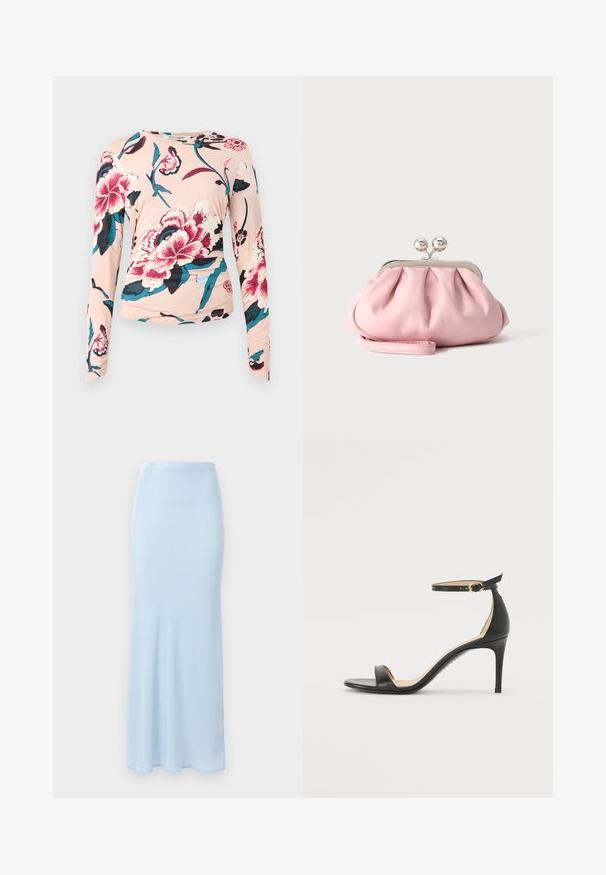 Diane von Furstenberg LONG SLEEVE SHIRT - Top s dlhým rukávom - light pink; Svetlomodrá, dlhá saténová sukňa s priliehavým pásom a jemným rozšírením dole na bielom pozadí.; Čierne kožené sandále na vysokom podpätku s popruhom okolo členka. Vlastnosti hladkého povrchu, otvorenej špičky a tenkého podpätku. Detail zlatého spony.; Malá mäkká ružová listová kabelka so strieborným kovovým rámom a okrúhlym zapínaním, ležiaca na plochej svetlej ploche so zloženým remienkom na zápästie vpredu.