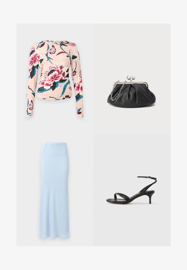 Diane von Furstenberg LONG SLEEVE SHIRT - Longsleeve - light pink; Lichtblauwe, vloerlange satijnen rok met een aansluitende taille en een lichte uitlopend aan de onderkant op een witte achtergrond.; Zwarte leren dames sandaal met dunne bandjes, een teengreep, een enkelgesp en een stilettohak van gemiddelde hoogte op een neutrale achtergrond.; Zwarte leren clutch met geplooide textuur, zilverkleurig metalen frame, drukknopsluiting en kettingriem. Glad, zacht oppervlak.