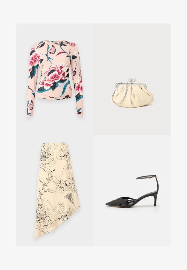 Diane von Furstenberg LONG SLEEVE SHIRT - Pikkade varrukatega topp - light pink; Beežikas asümmeetriline seelik mustade lillejoonistega, millel on suured õied ja lehed.; Must mustaharjal süngeteisega kingad, millel on terav varvas, avatud küljed ja õhuke pahkluuring, kus on väike kuldne detail.; Kortsus beežist nahast kotike, millel on hõbedane metallraam, kaunistatud kahe ümmarguse dekoratiivse lukuga ja hõbedase ketispideme.