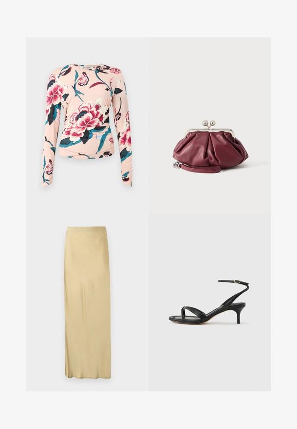 Diane von Furstenberg LONG SLEEVE SHIRT - Langærmet T-shirt - light pink; Beige, højtaljet, ankel-lang, lige nederdel med en glat tekstur uden synlige mønstre eller pynt.; Sort damesandal i læder med tynde remme, en tå-loop, ankelspænde og en mellemhøj stiletthæl på en neutral baggrund.; Lille bordeaux rød læder clutch-pung med sølv metal lukning og håndledsrem på hvid baggrund.