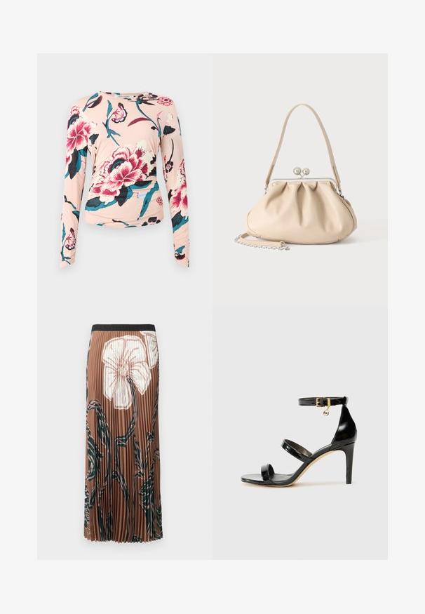 Diane von Furstenberg LONG SLEEVE SHIRT - Longsleeve - light pink; Bruine geplooide midi-rok met grote witte bloemenprint en donkergroene abstracte stelen, voorzien van een zwarte tailleband.; Zwarte gepatineerde leren sandaal met drie banden, enkelgesp en 10 cm hoge stiletto hak. Bevat gouden hardwaredetails en een logo charm.; Beige zachte leren handtas met een zilveren metalen frame sluiting, een enkele schouderriem en een optionele kettingriem op een witte achtergrond.