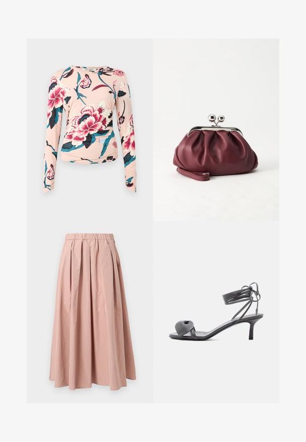 Diane von Furstenberg LONG SLEEVE SHIRT - Langarmshirt - light pink; Hellrosa plissierter Rock mit elastischem Bund, der eine weiche Stofftextur und ein fließendes Design bis zur Mitte der Wadenlänge aufweist.; Graue Leder-Pumps mit Absatz, verknotetem Riemen über den Zehen und Wickelriemen um den Knöchel auf schlankem, mittelhohem Absatz vor weißem Hintergrund.; Kleine burgunderrote Lederclutch mit silbernem Metallverschluss und Handgelenksriemen auf weißem Hintergrund.