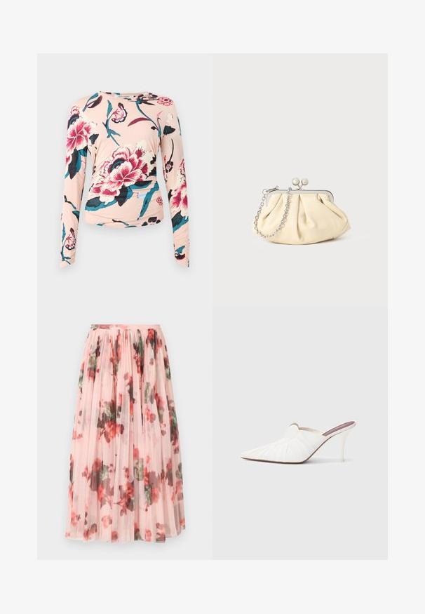 Diane von Furstenberg LONG SLEEVE SHIRT - Top s dlhým rukávom - light pink; Tylová sukňa s jemne ružovým základom, zdobená kvetinovým vzorom v červenej a zelenej farbe. Tkanina je priesvitná s nazhromaždenými skladmi na páse.; Biele muly so špicatou špičkou, skladanou štruktúrou na vrchu a štíhlym ihličkovým opätkom. Hladký povrch a minimalistický dizajn.; Zhlý béžový kožený klobúk so strieborným kovovým rámom, ktorý má dve okrúhle dekoratívne zámky a strieborný reťazový popruh.