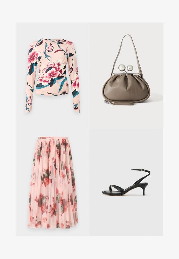 Diane von Furstenberg LONG SLEEVE SHIRT - Pikkade varrukatega topp - light pink; Tüllseelik pehme roosa alusega, millel on punase ja rohelise lillemuster. Kangas on läbipaistev ning kannab kummist volangpleite vöökoht. ; Mustast nahast naiste sandaal õhukeste rihmadega, varbaringi, pahkluu pandlaga ja keskmise kõrgusega kitsekontsaga neutraalsel taustal.; Hall nahast käekott ümarate vormidega, pealmise kinnitusdetailiga, millel on kaks suurt hõbedast palli ja üks rihm.