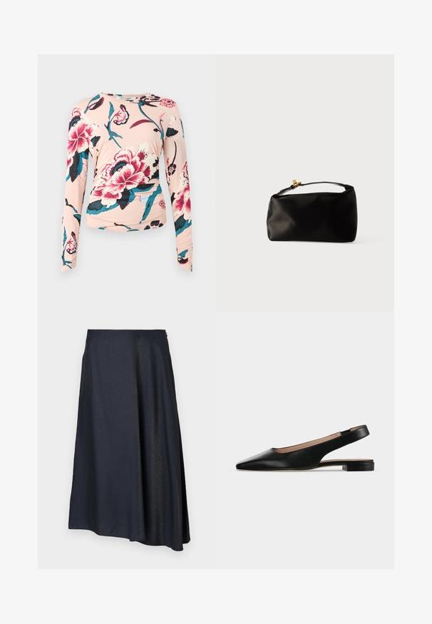 Diane von Furstenberg LONG SLEEVE SHIRT - Langærmet T-shirt - light pink; Mørkeblå midi-nederdel lavet af glat, let strækbart stof. Har en flared form og en usynlig lynlåslukning i siden.; Sort læder slingback flad sko med spids tå og lav firkantet hæl på hvid baggrund.; Sort satinpung med en afrundet form, et håndtag i toppen og en guldaccentlås. Glat tekstur med et minimalistisk design.