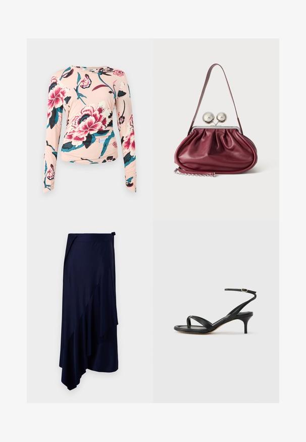 Diane von Furstenberg LONG SLEEVE SHIRT - Langarmshirt - light pink; Rabanne Bleistiftrock - deep navy; Schwarze Ledersandale für Damen mit dünnen Riemchen, einer Zehenlasche, einer Knöchelschnalle und einem mittelhohen Stöckelabsatz vor neutralem Hintergrund.; Kleine burgunderrote Lederhandtasche mit gerafften Details, einem dünnen Riemen und einem silbernen Verschluss mit zwei großen runden Knöpfen.