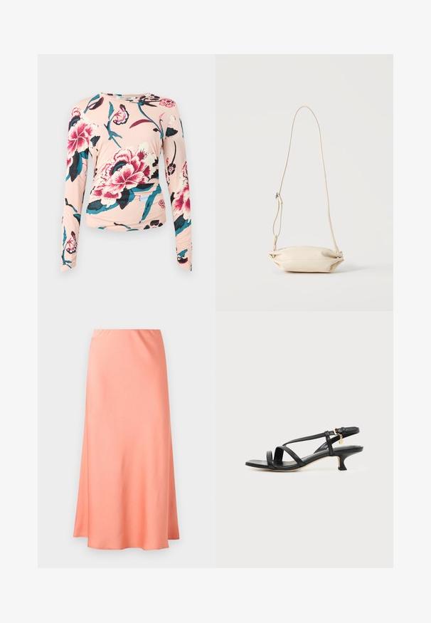 Diane von Furstenberg LONG SLEEVE SHIRT - Langærmet T-shirt - light pink; Glat lys koralrød midinederdel med let udsving, vist på en enkel lys grå baggrund.; Sort læder sandal med lav, tynd hæl, ankelspænde og lille guldkæde mod en lys, ensartet baggrund.; Lille beige læder crossbody taske med justerbar rem, vist mod en ensfarvet lys baggrund.
