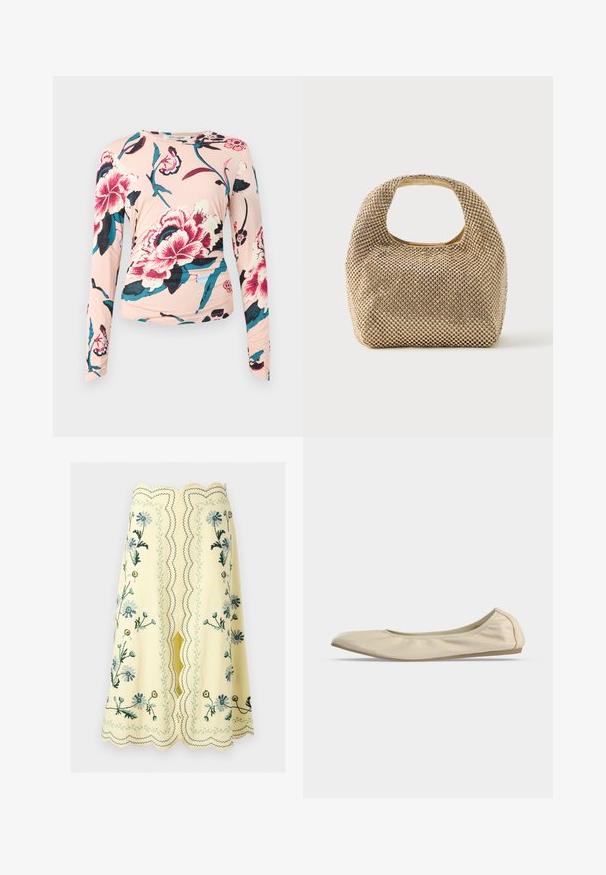 Diane von Furstenberg LONG SLEEVE SHIRT - Longsleeve - light pink; Gele knielange rok met scalloped randen en bloemrijke borduursels in blauw, groen en geel, met een centrale split en decoratieve stiksels.; Beige zachte leren ballerina met afgeronde neus, laag uitgesneden zijprofiel en slanke rubberen zool op een effen witte achtergrond.; Kleine handtas in goudkleur, bedekt met glanzende ronde studs, met een kort handvat en een rechthoekige uitsnede aan de bovenkant.