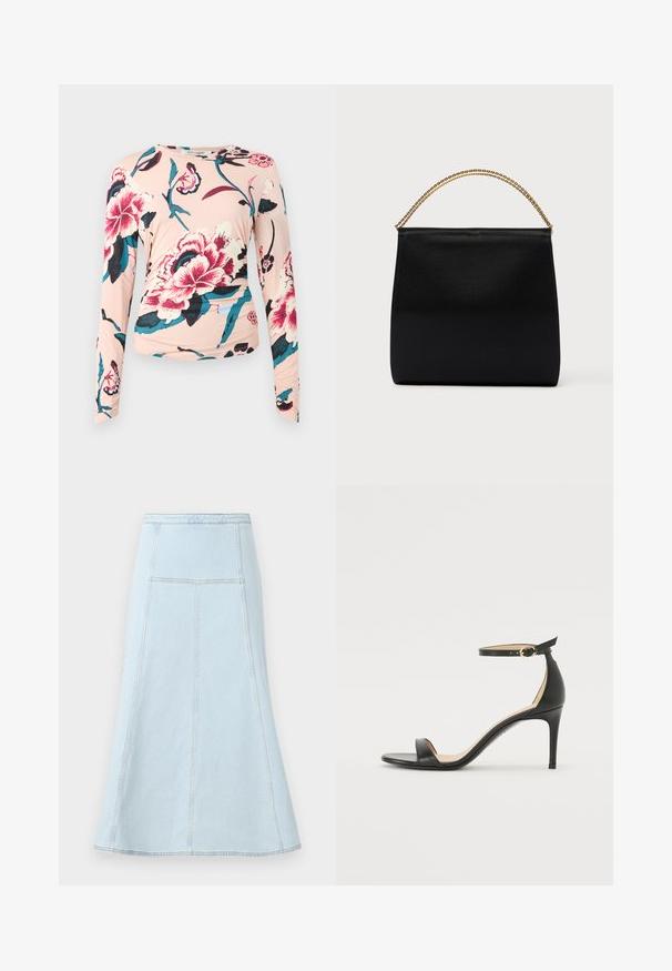 Diane von Furstenberg LONG SLEEVE SHIRT - Top s dlhým rukávom - light pink; Svetlomodrá denimová sukňa v strihu A s vysokým pásom, obsahujúca vertikálne švy a rozšírený lem pre lepší pohyb.; Čierne kožené sandále na vysokom podpätku s popruhom okolo členka. Vlastnosti hladkého povrchu, otvorenej špičky a tenkého podpätku. Detail zlatého spony.; Čierna taška z hladkej tkaniny, s formovaným tvarom, zlatým retiazkovo rukoväťou a minimalistickým geometrickým dizajnom.