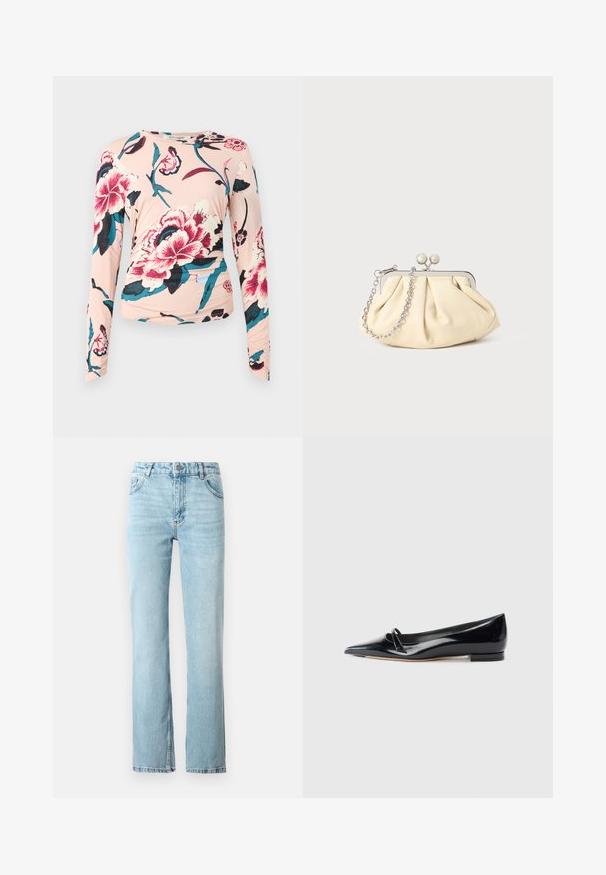 Diane von Furstenberg LONG SLEEVE SHIRT - Top s dlhým rukávom - light pink; Svetlomodré džínsy z priamym strihom, designom s piatimi vreckami a s jemným rozšírením na leme. Dokončené kontrastným šitím.; Čierne lakované baleríny s ostrou špičkou, malým dekoračným pásikom a nízkym blokovým podpätkom. Hladká textúra a elegantný dizajn.; Zhlý béžový kožený klobúk so strieborným kovovým rámom, ktorý má dve okrúhle dekoratívne zámky a strieborný reťazový popruh.
