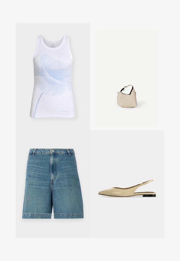 Débardeur blanc côtelé sans manches avec un grand motif de fleur de coquelicot bleu clair centré sur le devant.; Short en denim bleu avec passants de ceinture, bouton à l'avant, fermeture éclair et ourlet droit.; Chaussure plate beige à bout pointu avec bride arrière, petit talon noir et finition en cuir lisse, vue de côté sur un fond uni.; Sac à main en cuir beige en forme de croissant avec une seule bandoulière et des coutures minimalistes, posé sur un fond blanc uni.