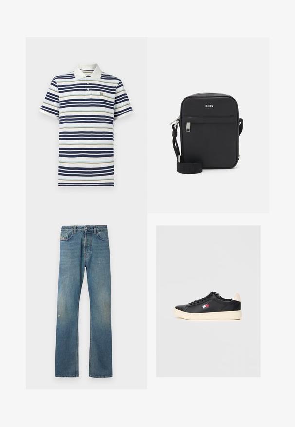 Marineblå, lyseblå og beige stribet polo skjorte. Fremstillet i bomuldsstof med klassisk krave og tre-knaps placket. Lille logo på brystet.; Blå denimjeans med et lige ben-design, der har en let falmning, forlommer og en knaplukning i taljen.; Sort lædersneaker med afrundet tå, cremefarvet sål og et lille logo i rød, hvid og blå på siden. Blød beige hælkrave.; Sort syntetisk crossover taske med lynlåslukning, frontlomme og justerbar rem med brandlogoet "BOSS" på forsiden.
