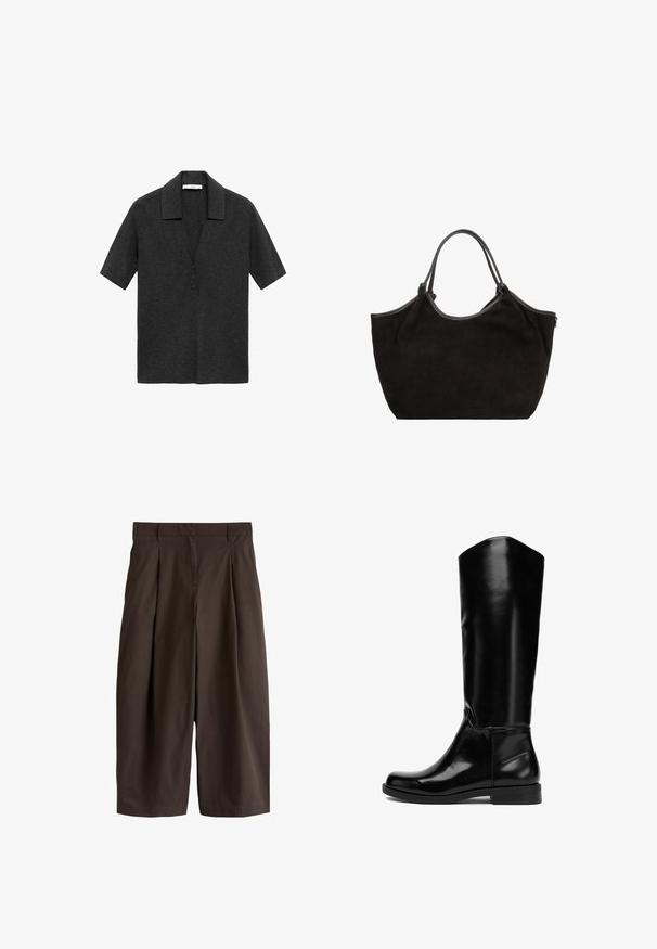 Donkergrijze polo met korte mouwen, gemaakt van zachte stof, met een notch-kraag en een drie-knopen sluiting aan de voorkant.; Donkerbruine, wijd uitgesneden cropped broek met voorvouwen en lussen voor een riem, gemaakt van gladde stof.; Kniehoge zwarte leren laarzen met een gladde afwerking, ronde neus en platte zool. Heeft een eenvoudig ontwerp met minimale accenten.; Zwarte suède tote bag met gladde leren accenten. Bevat twee handvatten en een ruime, zacht gevormde silhouet. Ritssluiting aan de zijkant.