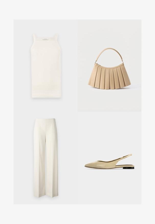 Cremefarvet ribbet tanktop med tynde stropper, tætsiddende design og lige kant. Etiketten siger "IVY OAK." Materialet ser blødt og strækbart ud.; Hvide brede bukser lavet af et glat stof med frontfolder. Designet med en høj talje og en ren finish.; Beige spids tå slingback flad sko med lav sort hæl og en glat læderfinish, vist fra siden på en ensfarvet baggrund.; Beige plisseret håndtaske med buet toplynlås og enkelt buet håndtag, vist på hvid baggrund.