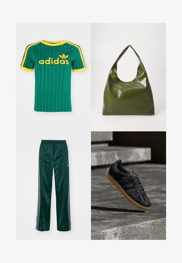Grøn bomulds T-shirt med lodrette hvide striber, gule accenter og "adidas" logo i gul skrift. Kortærmet og rund hals design.; Mørkegrønne træningsbukser lavet af skinnende materiale, med sidelister i lys grå og et broderet logo på venstre ben.; Sort Adidas Samba-sneaker med struktureret mønster, gummisål og guldlogo, placeret i luften over betontrin.; Grøn læder hobo taske med en slouchy design, buet håndtag og glat tekstur. Indeholder ingen synlig hardware eller accenter.