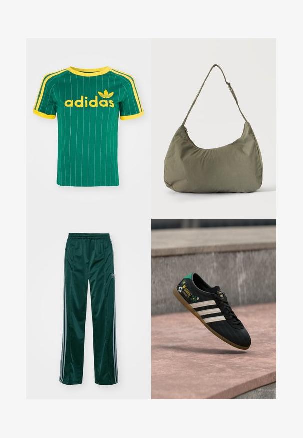 Zelené bavlnené tričko s vertikálnymi bielymi pruhmi, žltými akcentmi a logom "adidas" v žltom písme. Krátke rukávy a okrúhly výstrih.; Tmavozelené športové nohavice vyrobené z lesklého materiálu, s bočnými pruhmi v svetlošedej farbe a vyšitým logom na ľavom stehne.; Čierna športová obuv s bielymi pruhmi, vzorovaným zvrškom, zdobená kvetinovými prvkami a zelenou pätou. Gumená podrážka zabezpečuje priľnavosť.; Olivovo zelená mäkká látková taška cez rameno so zipsovým uzáverom a nastaviteľným popruhom na svetlom jednofarebnom pozadí.