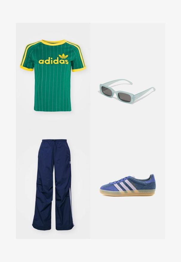 Grøn bomulds T-shirt med lodrette hvide striber, gule accenter og "adidas" logo i gul skrift. Kortærmet og rund hals design.; Marineblå, letvægtsbukser med elastik i taljen og snøre, med hvide sidelister og et lille logo foran. Løs pasform.; Lavtopet sneaker i blå ruskind med hvide teksturerede striber, gennemsigtig gummisål og gyldent "BAYRE" branding på siden.; Et par rektangulære solbriller med lyseblå gennemsigtige stel og mørkegrå linser, der har lige templer og minimale hardware detaljer.
