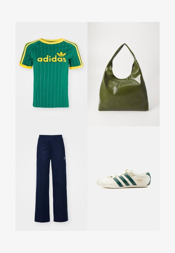 Grünes Baumwoll-T-Shirt mit vertikalen weißen Streifen, gelben Akzenten und gelbem "adidas"-Logo. Mit kurzen Ärmeln und Rundhalsausschnitt.; Helleblaue Baumwollmischung Trainingshosen mit weit geschnittenem Design, elastischem Bund und Reißverschlusstaschen, mit weißen Seitenstreifen und Logodetails.; Weißer Sneaker mit grünen Streifen, einem Klettverschluss und dem Text "Tokyo" an der Seite, von der Außenseite vor weißem Hintergrund gezeigt.; Grüne Leder-Hobo-Tasche mit einem lässigen Design, gebogenem Griff und glatter Textur. Enthält keine sichtbaren Beschläge oder Akzente.