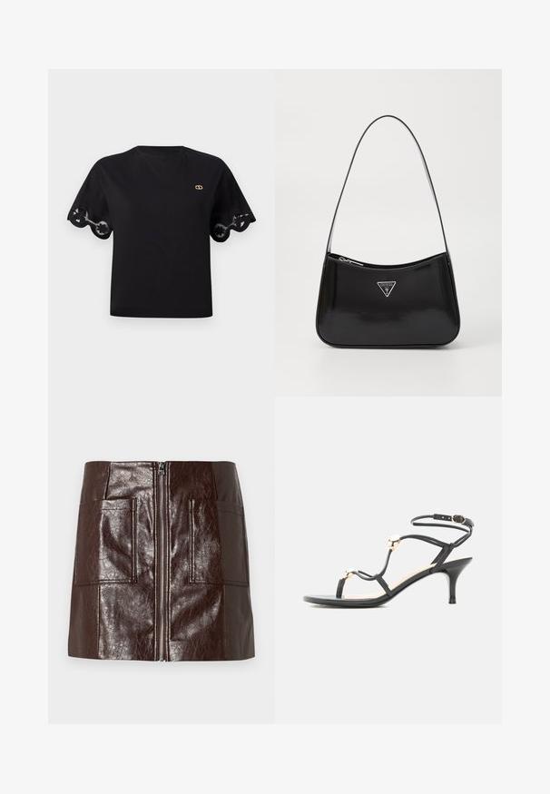Camiseta de algodón negra con mangas cortas acampanadas y un borde de encaje con forma de ondas. Pequeño logo dorado en el pecho. Diseño simple y clásico.; Mini falda de piel sintética marrón con cremallera frontal, dos grandes bolsillos delanteros y una textura lisa y brillante.; Sandalia negra con tiras, tacón medio, cuentas doradas de acento y una correa en el tobillo con hebilla sobre fondo blanco.; Bolso de hombro de charol negro con forma curva, que presenta un logotipo triangular plateado y un cierre de cremallera. Textura suave y correa delgada.
