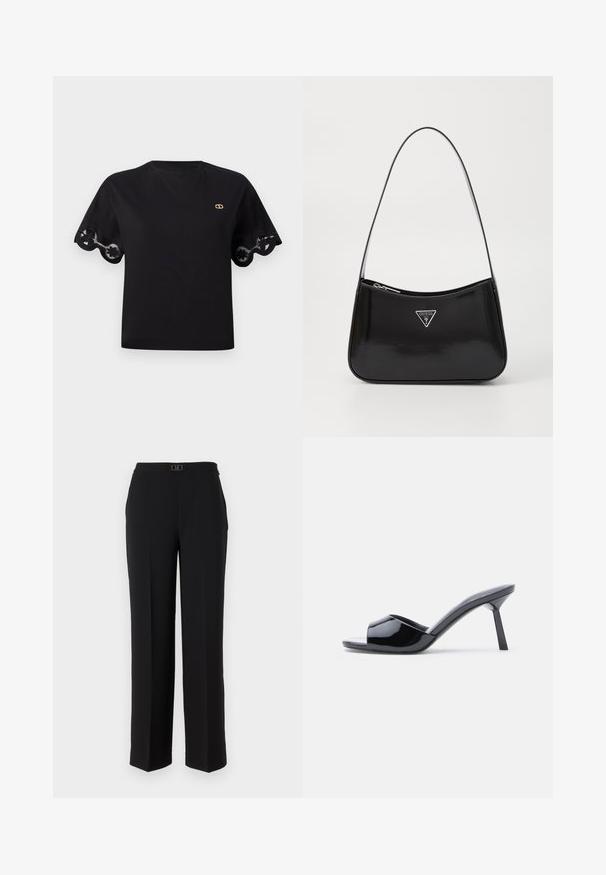 Camiseta de algodón negra con mangas cortas acampanadas y un borde de encaje con forma de ondas. Pequeño logo dorado en el pecho. Diseño simple y clásico.; Pantalones negros a medida hechos de una tela suave, con un diseño de pierna recta, una cintura con una hebilla decorativa de plata y sin patrones visibles.; Sandalias de tacón con punta abierta de charol negro, con un diseño superior curvado y tacón de aguja cónico. Acabado liso y brillante.; Bolso de hombro de charol negro con forma curva, que presenta un logotipo triangular plateado y un cierre de cremallera. Textura suave y correa delgada.