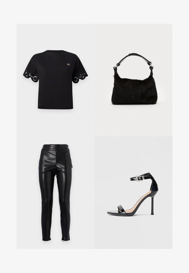 Camiseta de algodón negra con mangas cortas acampanadas y un borde de encaje con forma de ondas. Pequeño logo dorado en el pecho. Diseño simple y clásico.; Leggings de imitación cuero negro de cintura alta con una textura lisa y brillante, costuras laterales y cremalleras en los tobillos para una silueta ajustada.; Sandalia de tacón alto en piel sintética negra con correa en el tobillo. Presenta un diseño minimalista, punta abierta y una hebilla con detalles de pedrería.; Bolso de mano de piel sintética negra con una textura suave, forma redondeada y una resistente correa de cuero negro para el hombro. Acentos de herrajes plateados visibles.