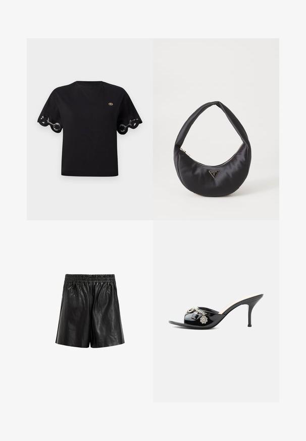 Camiseta de algodón negra con mangas cortas acampanadas y un borde de encaje con forma de ondas. Pequeño logo dorado en el pecho. Diseño simple y clásico.; Bermudas de cuero negro con cintura elástica, con una textura suave, piernas amplias y sin bolsillos ni adornos visibles.; Mule de charol negro de tacón alto con punta abierta y adornos decorativos plateados, incluyendo una flor y un candado en la tira delantera.; Bolso de satén negro con forma curva, que cuenta con un cierre de cremallera y un logo triangular en metal en la parte delantera. Textura suave y diseño elegante.