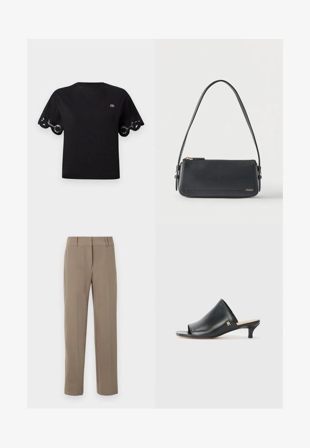 Camiseta de algodón negra con mangas cortas acampanadas y un borde de encaje con forma de ondas. Pequeño logo dorado en el pecho. Diseño simple y clásico.; Pantalones caqui de pierna recta con trabillas para cinturón y cierre frontal de cremallera sobre fondo blanco.; Mules de cuero negro de punta abierta con un tacón bajo. Presentan una superficie lisa y un acento del logo dorado en el costado.; Bolso de hombro rectangular de cuero negro con cremallera dorada y pequeño logo dorado "HUGO" en el frente, con una correa ajustable con hebilla.