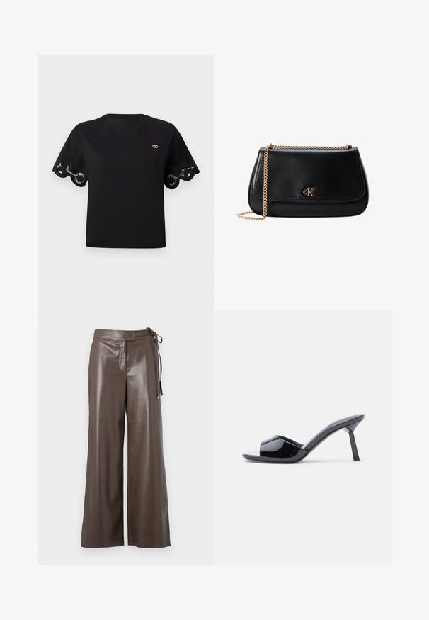 Camiseta de algodón negra con mangas cortas acampanadas y un borde de encaje con forma de ondas. Pequeño logo dorado en el pecho. Diseño simple y clásico.; Pantalones de imitación cuero marrón de pierna ancha con cintura alta y detalle de lazo lateral sobre un fondo blanco.; Sandalias de tacón con punta abierta de charol negro, con un diseño superior curvado y tacón de aguja cónico. Acabado liso y brillante.; Bolso bandolera de cuero negro con correa de cadena dorada y pequeño logo dorado de CK en la solapa frontal.