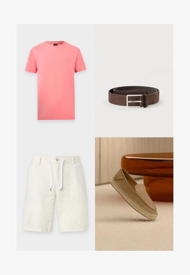 T-shirt rose uni manches courtes col rond avec un petit patch logo carré sur la poitrine gauche et une étiquette noire de marque au col.; Shorts décontractés couleur crème avec taille élastique, fermeture par bouton, passants de ceinture et cordons blancs.; Chaussure beige sans lacets avec tige texturée et semelle tissée, positionnée debout sur un sol recouvert de moquette claire à côté d'une table circulaire marron brillante.; Ceinture en daim marron à la texture lisse, avec une boucle en métal argenté et un design simple. Dispose d'une doublure en cuir et de détails de couture.