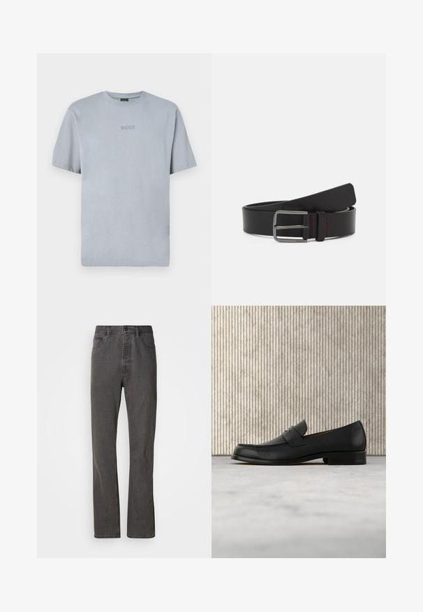 Camiseta de color azul claro, de manga corta, hecha de una tela suave con un escote redondo. Presenta un logo bordado de "BOSS" en el pecho.; Vaqueros de mezclilla gris con un diseño de pierna recta, que cuentan con bolsillos frontales, un cierre de botón y una textura sutil.; Zapato mocasín de cuero negro flotando sobre una alfombra beige con una mesa redonda marrón brillante al fondo.; Cinturón de cuero negro con un diseño plano, hebilla metálica y detalle de costura roja. Textura suave y extremos redondeados.