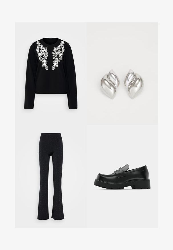 Top negro de manga larga con intrincados bordados blancos en el frontal, con cuello redondo y silueta ajustada. Textura de tela suave.; Pantalones acampanados negros con una cinturilla elástica, con puntos metálicos plateados dispersos. Hechos de una tela suave y lisa.; Mocasines de cuero negro con suela gruesa y texturizada, que presentan una correa sobre el empeine y un acabado suave y pulido.; Pendientes de plata con una forma orgánica y abstracta. Superficie lisa y brillante con un diseño cónico. Presentan suaves curvas y un detalle de línea central.