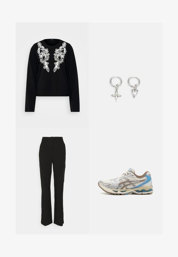 Top negro de manga larga con intrincados bordados blancos en el frontal, con cuello redondo y silueta ajustada. Textura de tela suave.; Vero Moda Tall VMZELDA STRAIGHT PANT - Pantalones cargo - black; Zapatilla de running blanca y beige con detalles azules, parte superior de malla, suela acolchada y diseño con cordones, mostrada desde el lado exterior.; Pendientes de aro de plata con un charm de cruz y corazón. Textura suave y brillante con un acabado pulido. Cada charm cuelga de un lazo seguro.
