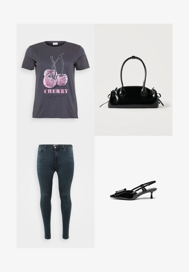 Grå T-shirt med et kirsebærmotiv med lyserøde glimmerdetaljer, ordet "CHERRY" i fed lyserød og yderligere tekst i sort.; Mørkeblå skinny jeans lavet af denim, med en traditionel fem-lomme design, knap- og lynlåslukning, samt en glat overflade.; Sorte patenterede læderslingbacks med spids tå, en sløjfedetalje foran og en lille stilettohæle. Remmene har justerbare spænder.; Lille sort blank håndtaske med to lange håndtag og snøre-detaljer i siden på en ensfarvet lys baggrund.