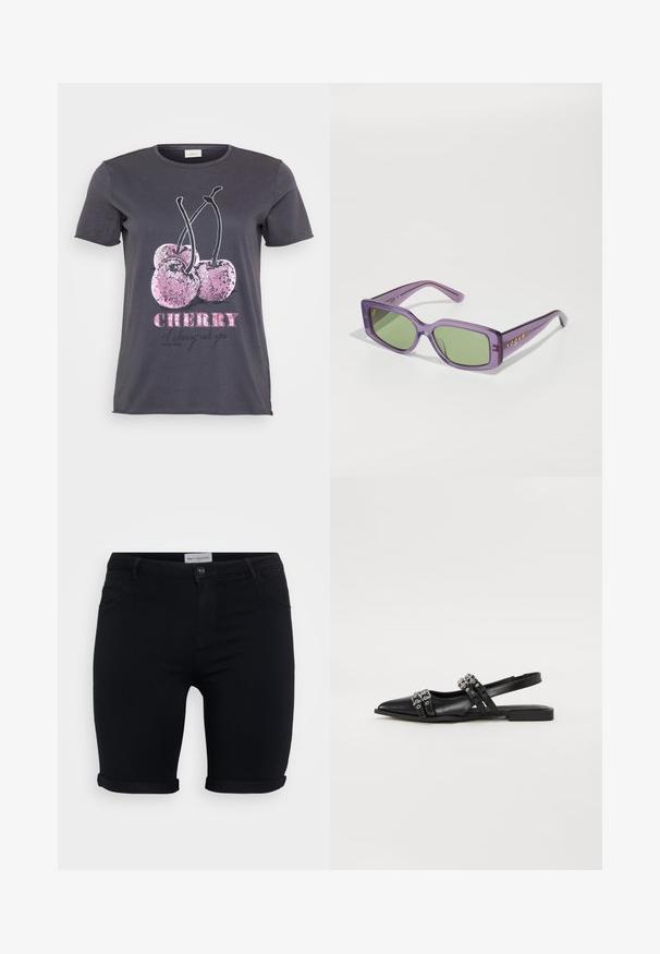 Grå T-shirt med et kirsebærmotiv med lyserøde glimmerdetaljer, ordet "CHERRY" i fed lyserød og yderligere tekst i sort.; Sorte denimshorts med opfoldede kanter, featuring en frontknaplukning, bæltestropper og to forlommer. Glat tekstur, tætsiddende design.; Even&Odd Slingback-ballerinasko - black; Lilla plastik solbriller med rektangulære grønne linser. Stellet har en blank finish og guld "Vogue" branding på siderne.