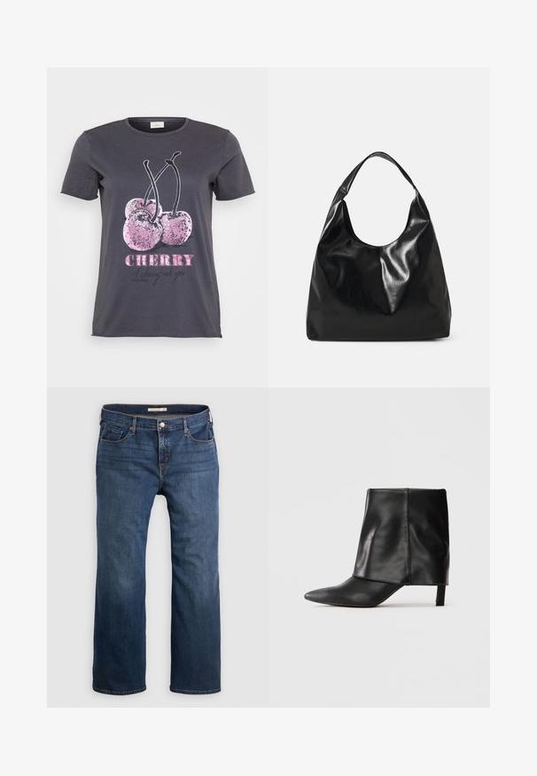 Camiseta gris con un gráfico de cereza con acentos de purpurina rosa, la palabra "CHERRY" en negrita rosa y texto adicional en negro.; Pantalones vaqueros de denim azul oscuro con un corte recto, que cuentan con cinco bolsillos, un cierre de botón y detalles de costura sutil a lo largo de las costuras.; Botín de cuero negro a medio pantalón con punta afilada, parte superior doblada y tacón bajo delgado, de pie sobre un fondo blanco.; Bolso hobo de cuero negro con una textura suave y brillante y un diseño de parte superior redondeada y abierta. Cuenta con una amplia correa curvada para llevar. Sin hardware visible.