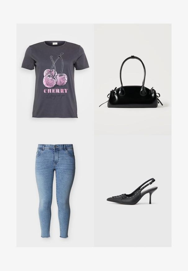 Grå T-shirt med et kirsebærmotiv med lyserøde glimmerdetaljer, ordet "CHERRY" i fed lyserød og yderligere tekst i sort.; Lyseblå tætsiddende jeans med frontknap, fem lommer og frynsede ankelsømme, vist på en hvid baggrund.; Sorte læder slingback stiletto med spids tå, side spændebånd, nitter langs kanten og dekorativ snøring foran.; Lille sort blank håndtaske med to lange håndtag og snøre-detaljer i siden på en ensfarvet lys baggrund.