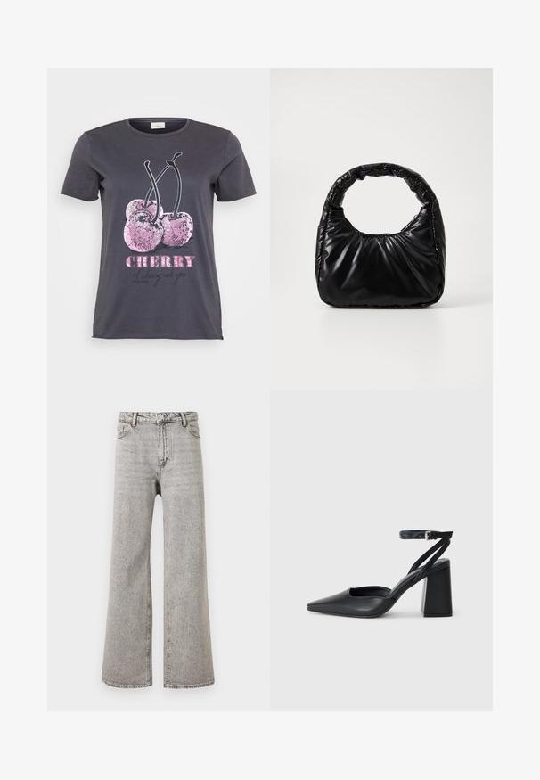 Grå T-shirt med et kirsebærmotiv med lyserøde glimmerdetaljer, ordet "CHERRY" i fed lyserød og yderligere tekst i sort.; Grå højtaljede denimjeans med lige ben, foran knapper, lynlås og fem-lomme design på en ensfarvet hvid baggrund.; Sort læder spidse pumps med ankelrem og en chunky hæl. Flad tekstur, slankt design og minimalistisk æstetik.; Sort polstret håndtaske med et rundt håndtag, der har en glat, skinnende overflade og en blød, kviltet tekstur. Ingen synlige hardware eller accenter.
