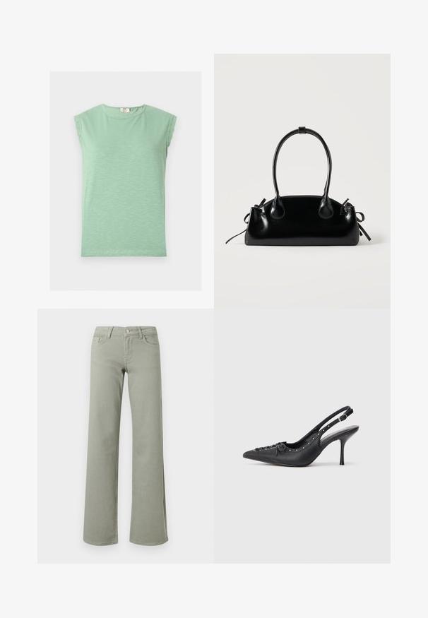 Haut sans manches vert clair avec bordure en dentelle aux épaules et encolure ronde, présenté à plat sur un fond clair.; Pantalon droit taille haute vert clair avec ceinture, bouton, fermeture éclair, et poches avant et arrière sur fond blanc.; Escarpin en cuir noir à talon aiguille avec un bout pointu, une bride latérale à boucle, des clous le long du bord et un laçage décoratif à l'avant.; Petit sac à main noir brillant avec deux longues anses et des détails à cordon sur les côtés sur un fond clair uni.