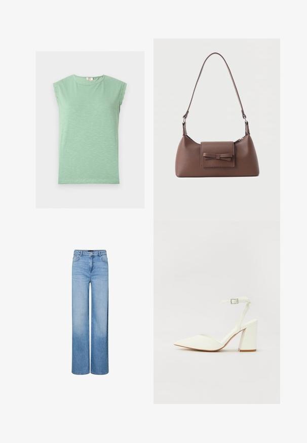 Haut sans manches vert clair avec bordure en dentelle aux épaules et encolure ronde, présenté à plat sur un fond clair.; Jean large taille haute bleu clair avec boutons et fermeture éclair à l'avant, passants pour ceinture, et détails délavés sur les cuisses et les genoux.; Sandale blanche à talon avec un bout pointu, sangle de cheville réglable et un talon carré épais. Texture lisse avec des détails de couture minimaux.; Sac à bandoulière en cuir marron avec une poche à rabat avant ornée d'un détail en forme de nœud cousu et une sangle réglable.