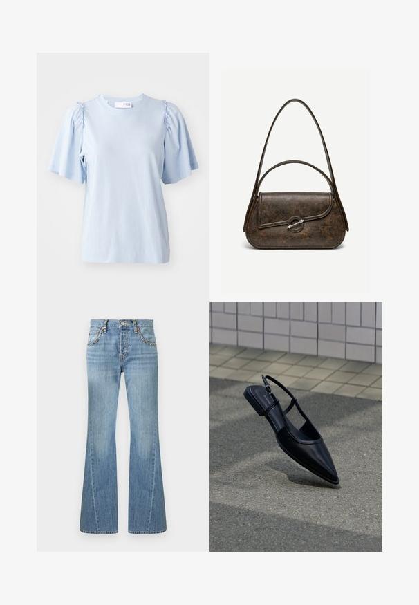 Lyseblå kortærmet t-shirt lavet af blød stof, med samlede detaljer på skuldrene og en rund halsudskæring.; Lyseblå denimjeans med høj talje, vide ben og nittebesætning langs forlommer og bæltestropper.; Sort slingback-flad sko med spids tå, svævende over en asfaltflade ved siden af en flisebelagt fortov.; Mørkebrun tekstureret læderhåndtaske med to stropper, afrundet rektangulær form og sølvfarvet cirkulært låsespænde på frontklap.