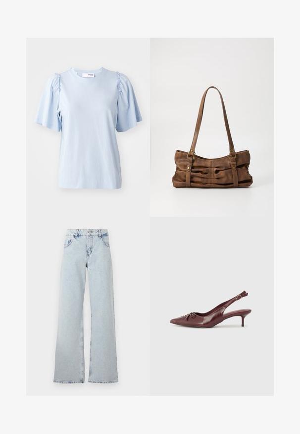 Lyseblå kortærmet t-shirt lavet af blød stof, med samlede detaljer på skuldrene og en rund halsudskæring.; Lyseblå bred ben jeans lavet af denim, med høj talje, bælteholdere, fem lommer og slidte områder for et vintage udseende.; Bordeaux læder slingback hæl med spidse tå, justerbar rem og dekorativ sløjfedetalje foran. 7,5 cm hælhøjde.; Even&Odd by Zalando Håndtasker - brown