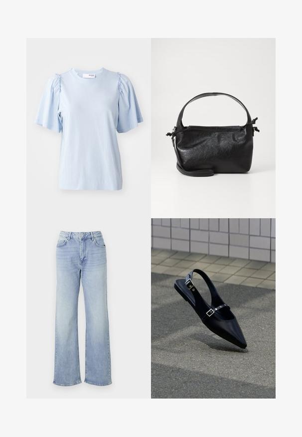Lyseblå kortærmet t-shirt lavet af blød stof, med samlede detaljer på skuldrene og en rund halsudskæring.; Lyseblå vide jeans lavet af denim, med høj talje, fem lommer og en kant med subtilt slid.; Sort flad slingback med spids tå og dobbelte spænder, hvilende på grå asfalt nær flisevæg.; Sort læderhåndtaske med et struktureret design, rund tophåndtag og aftagelig skulderrem. Den har en glat tekstur og en subtil glans.