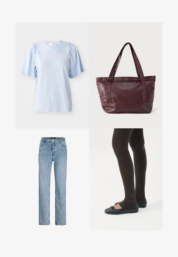 Lyseblå kortærmet t-shirt lavet af blød stof, med samlede detaljer på skuldrene og en rund halsudskæring.; Lyseblå højtaljede jeans med straight-leg pasform, lavet af denim. Har fem lommer og subtile stikninger.; Ben iført mørke ribbede leggings kombineret med sorte balletsko med små sløjfedetaljer på hvid baggrund.; Stor mørkebrune læder tote taske med to stof skulderremme og diskret præget mærkenavn i midten foran.
