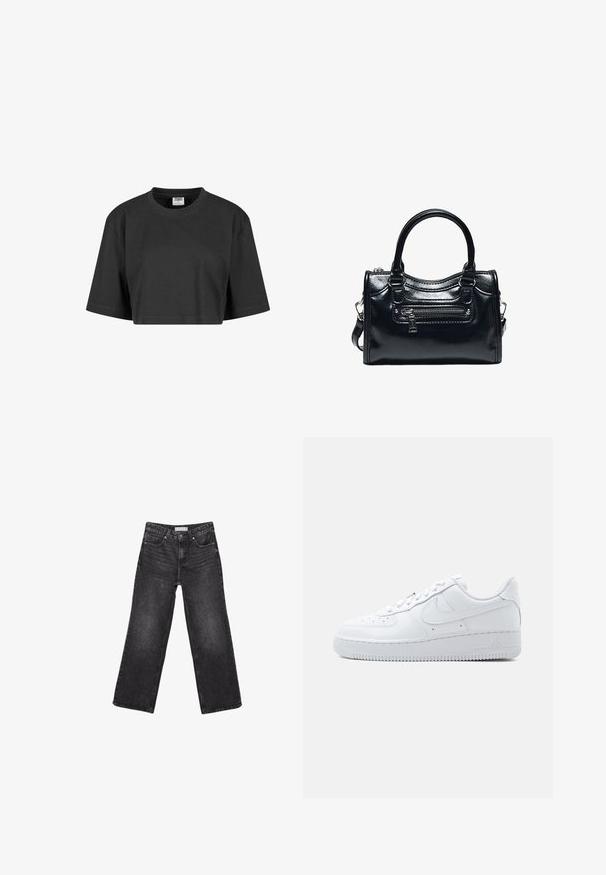 Afskåret sort t-shirt lavet af bomuld, med en afslappet pasform, korte ærmer og en ribbet rund halsudskæring. Ingen synlige mønstre eller accenter.; Sorte denimjeans med brede ben, for- og baglommer, knaplukning og bæltestropper, lagt fladt på en hvid baggrund.; Hvid Nike Air Force 1 sneaker med lavt snit, snørelukning, perforeret tåboks og karakteristisk Swoosh-logo på siden.; Sort skinnende læderhåndtaske med to håndtag, lynlåslomme foran og aftagelig skulderrem på hvid baggrund.