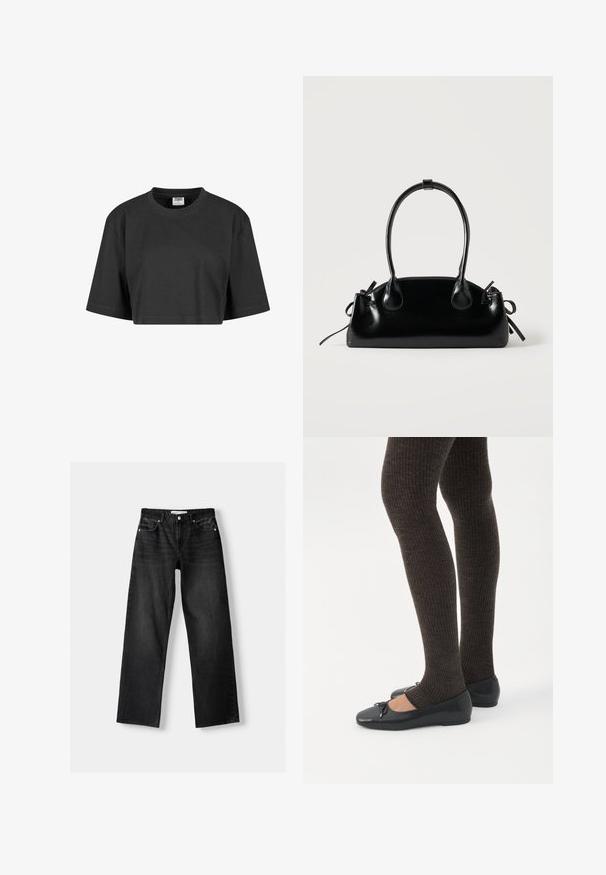 Afskåret sort t-shirt lavet af bomuld, med en afslappet pasform, korte ærmer og en ribbet rund halsudskæring. Ingen synlige mønstre eller accenter.; Bershka Jeans Straight Leg - mottled dark grey; Ben iført mørke ribbede leggings kombineret med sorte balletsko med små sløjfedetaljer på hvid baggrund.; Lille sort blank håndtaske med to lange håndtag og snøre-detaljer i siden på en ensfarvet lys baggrund.